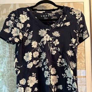 Loft Navy & White Floral V Neck T-Shirt